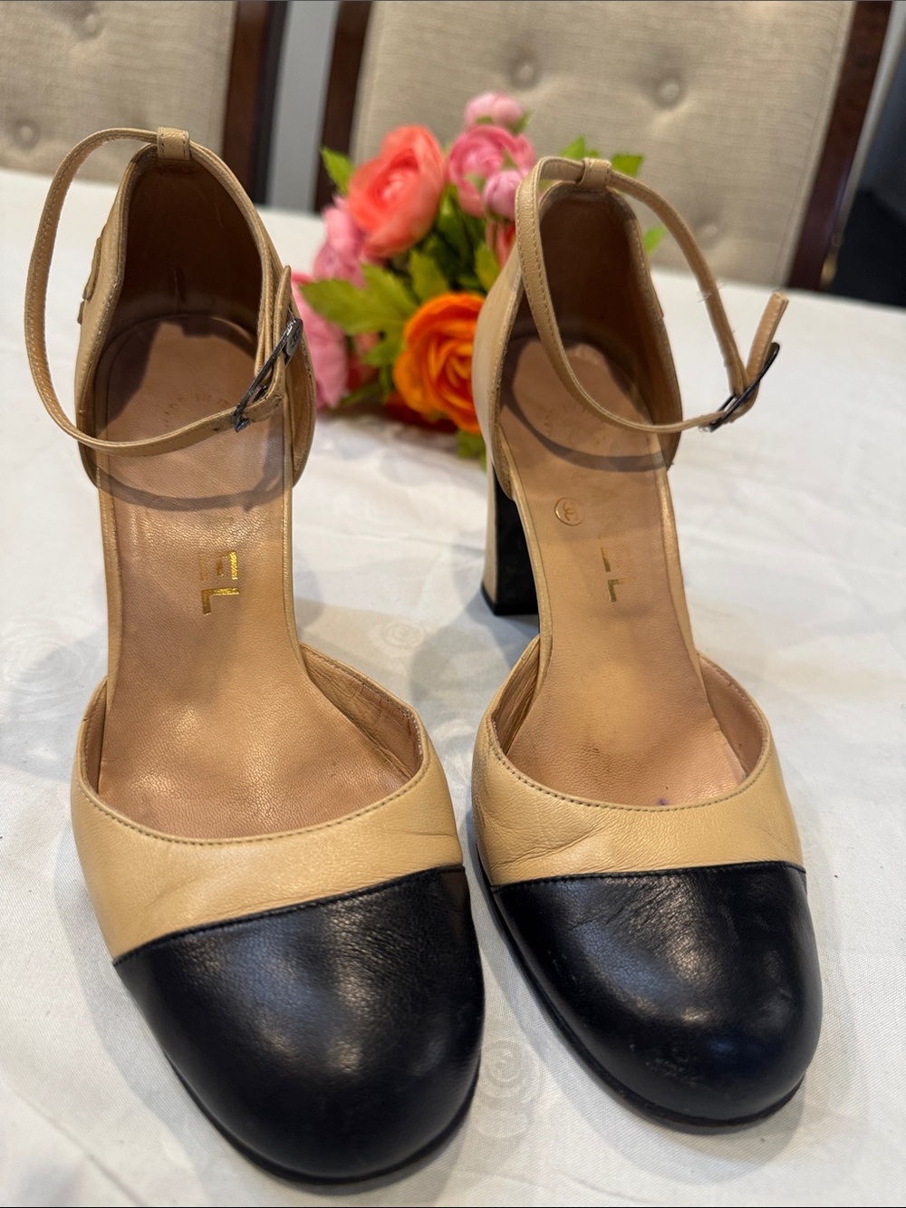 Authentic CHANEL Beige and Black Two-Tone Mary Jane Block Heel Pumps - Picture 2 of 14